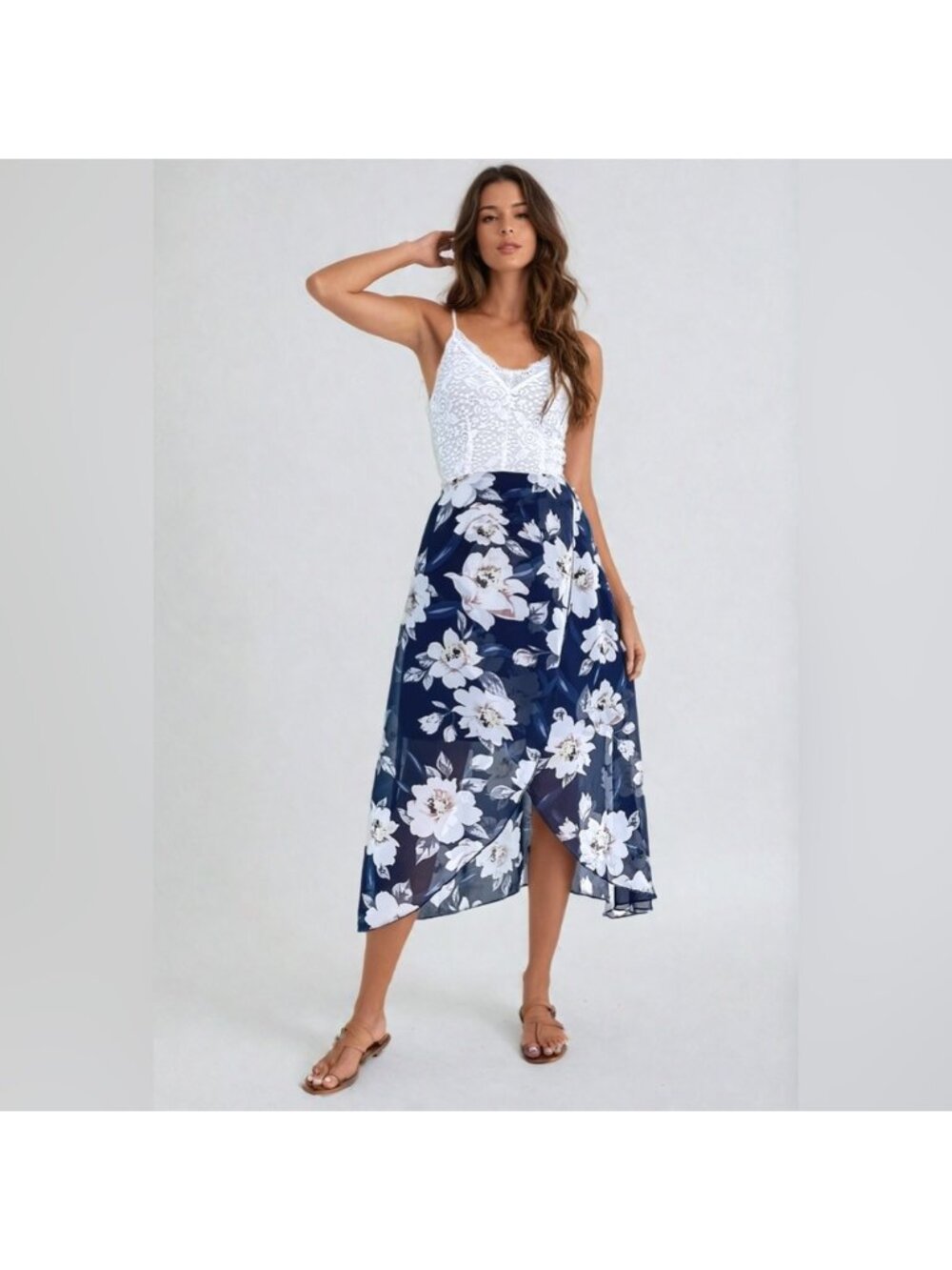 Lace Floral Print Tulip Hem Chiffon Dress